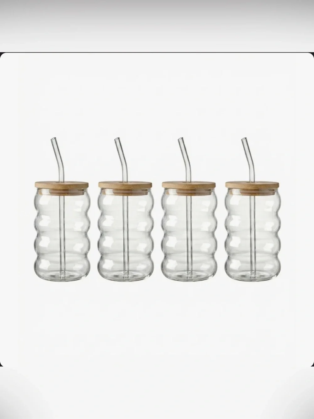 NWT Lilly Ribbed Glass Sippers with Bamboo Lids and Glass straws, 18 oz Set of 4